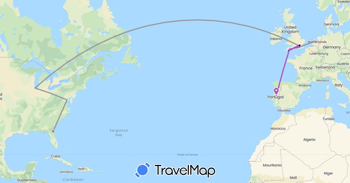 TravelMap itinerary: driving, plane, train in United Kingdom, Netherlands, Portugal, United States (Europe, North America)